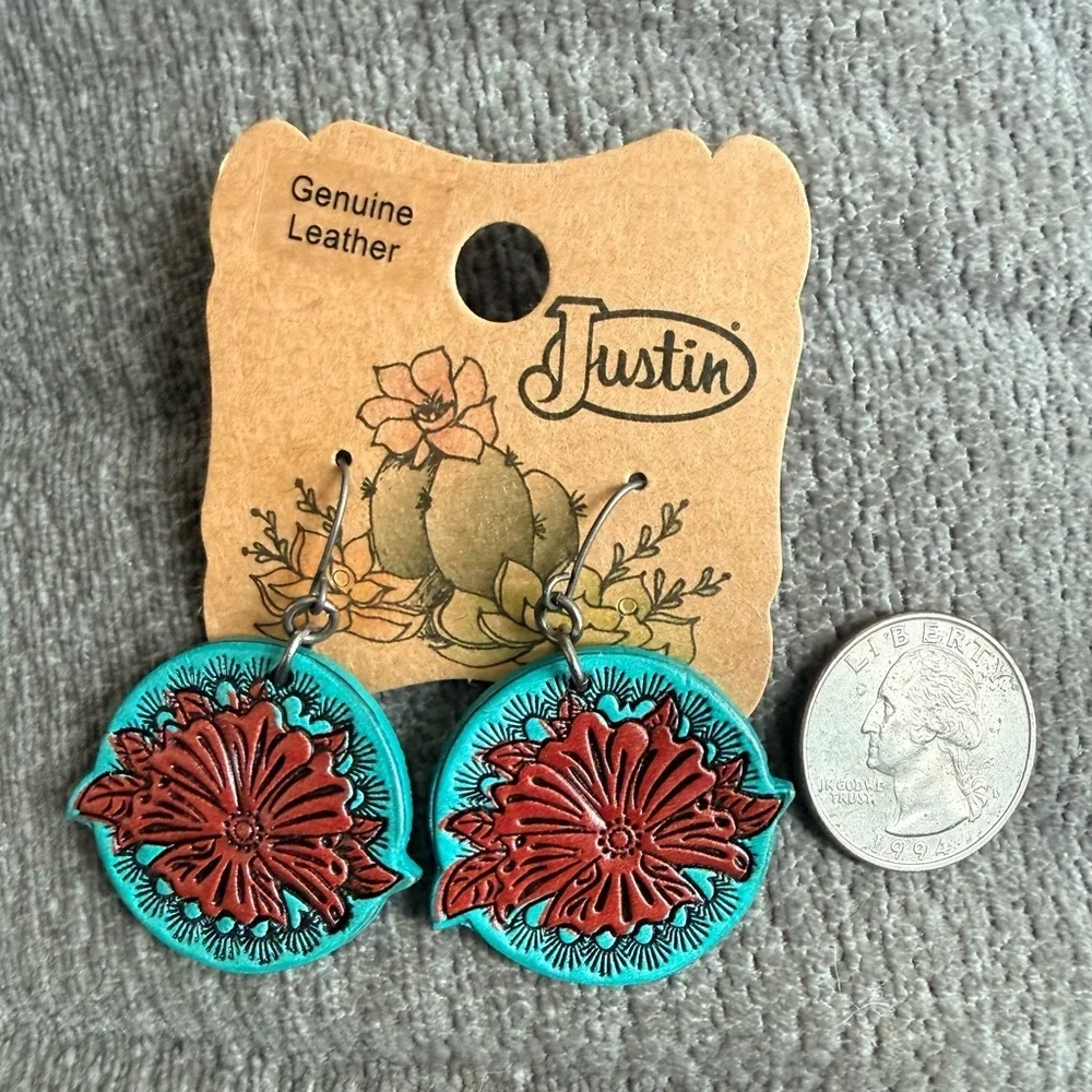 Justin Boots Turquoise and Red Leather Earrings
